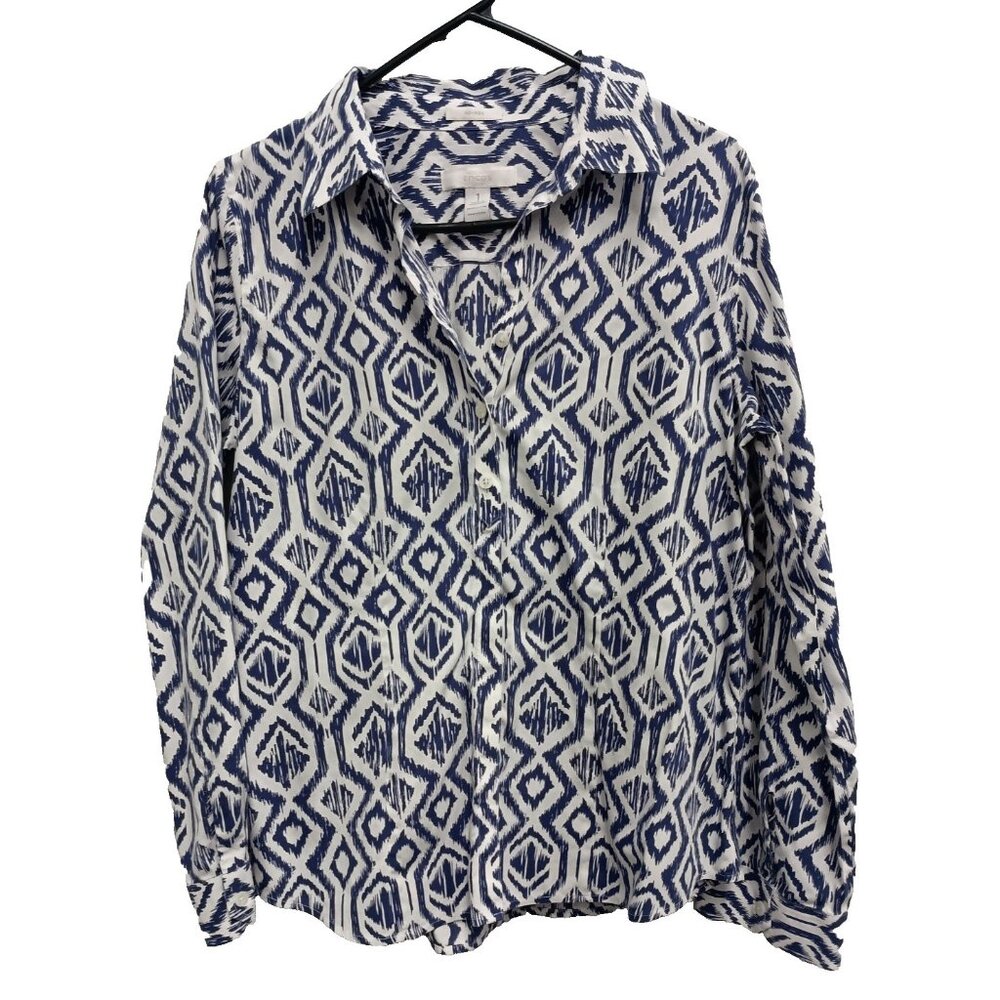 Chicos Womens No Iron Shirt Medium Blue White Preppy Long Sleeve Button Up